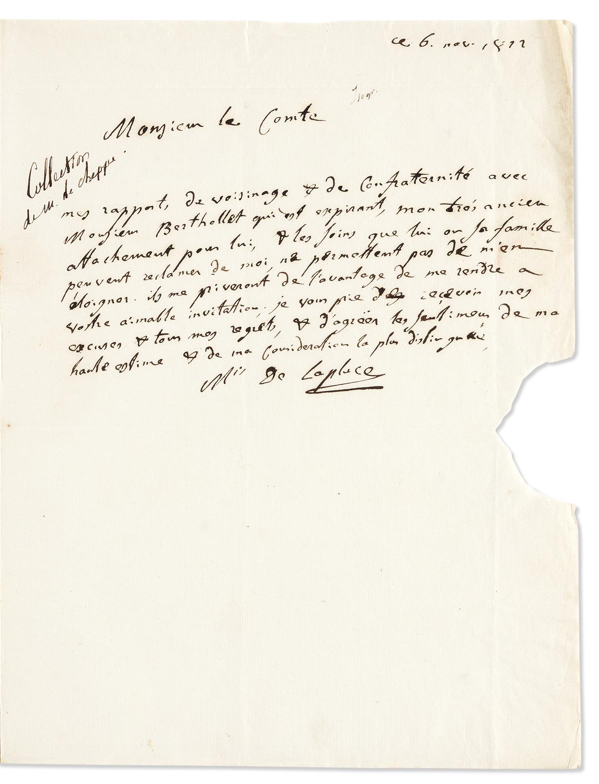 LAPLACE, PIERRE SIMON. Autograph Letter Signed, M[arqu]is de Laplace, to Antoine-François-Claude Ferrand, in French,